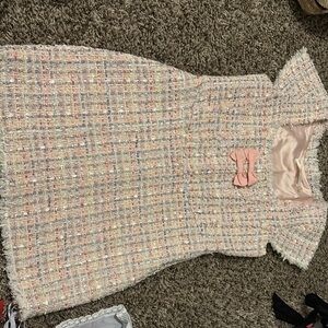LoveShackFancy Multicolor Tweed Dress with Pink Bow